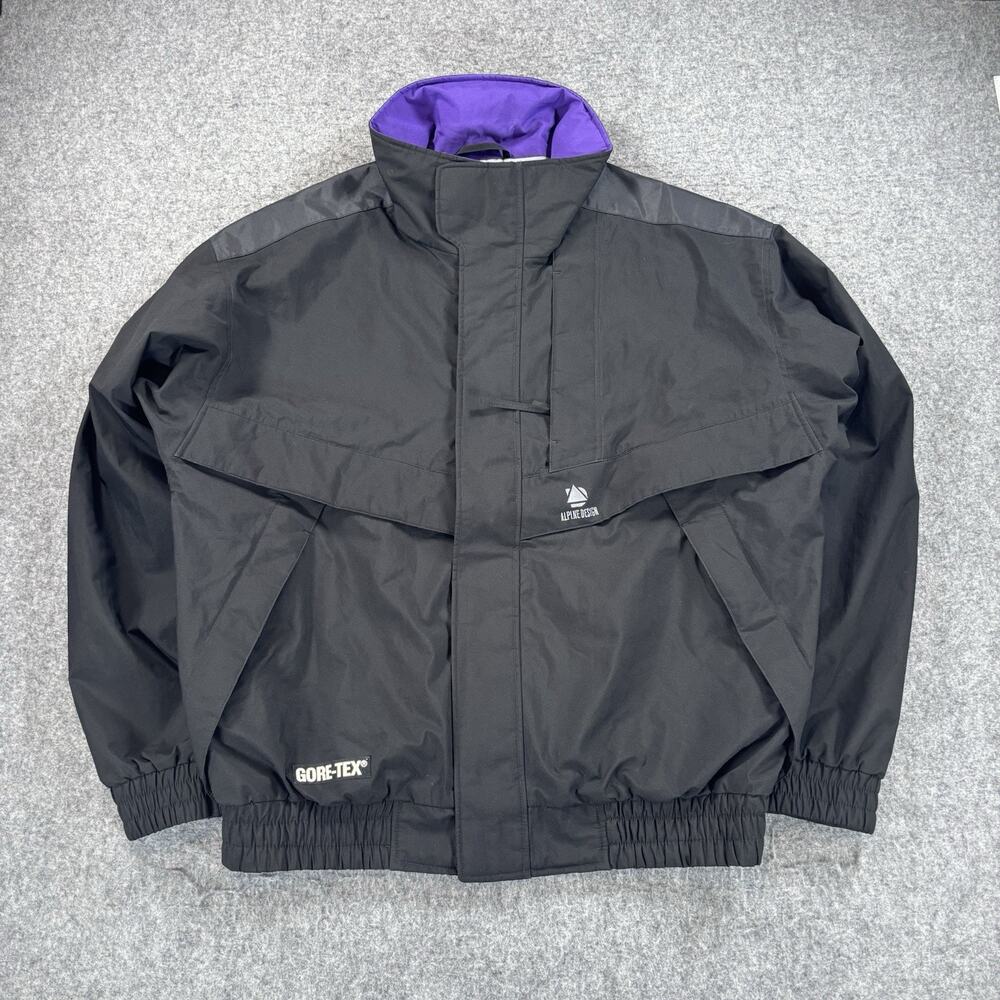 Vintage 90s Alpine Design Gore-Tex Ski Jacket Mens L Black Purple Outerwear Coat